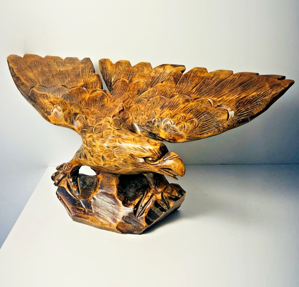 Vintage Hand Carved Wooden Bald Eagle 22” Wingspan Rustic Lodge Decor